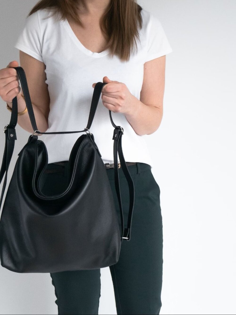 Minimalist Black Leather Convertible Purse/Backpack - Picture 3 of 8